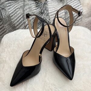 Vince Camuto Glossy Black Ankle Strap Heels